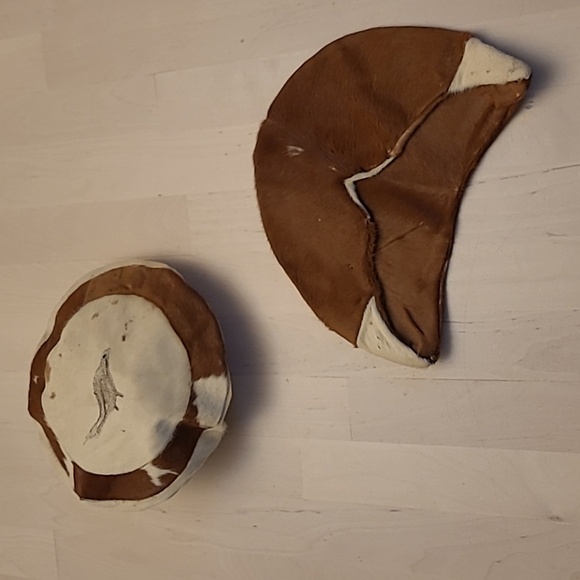 VTG 1930s Brown/White Handcrafted Cowhide Beret with Embroidery and Hat Bundle